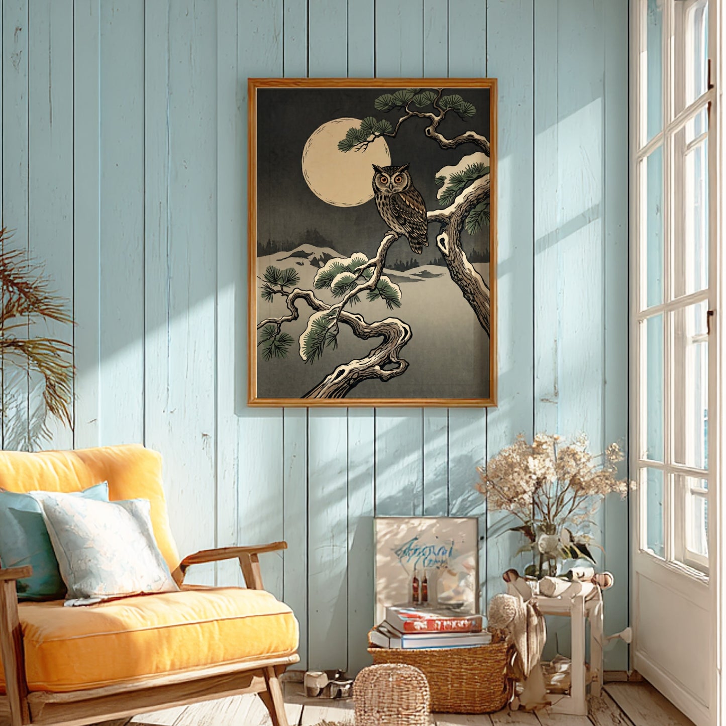 Owl Winter Moon poster featuring an owl in Japanese art style with muted colors and a full moon