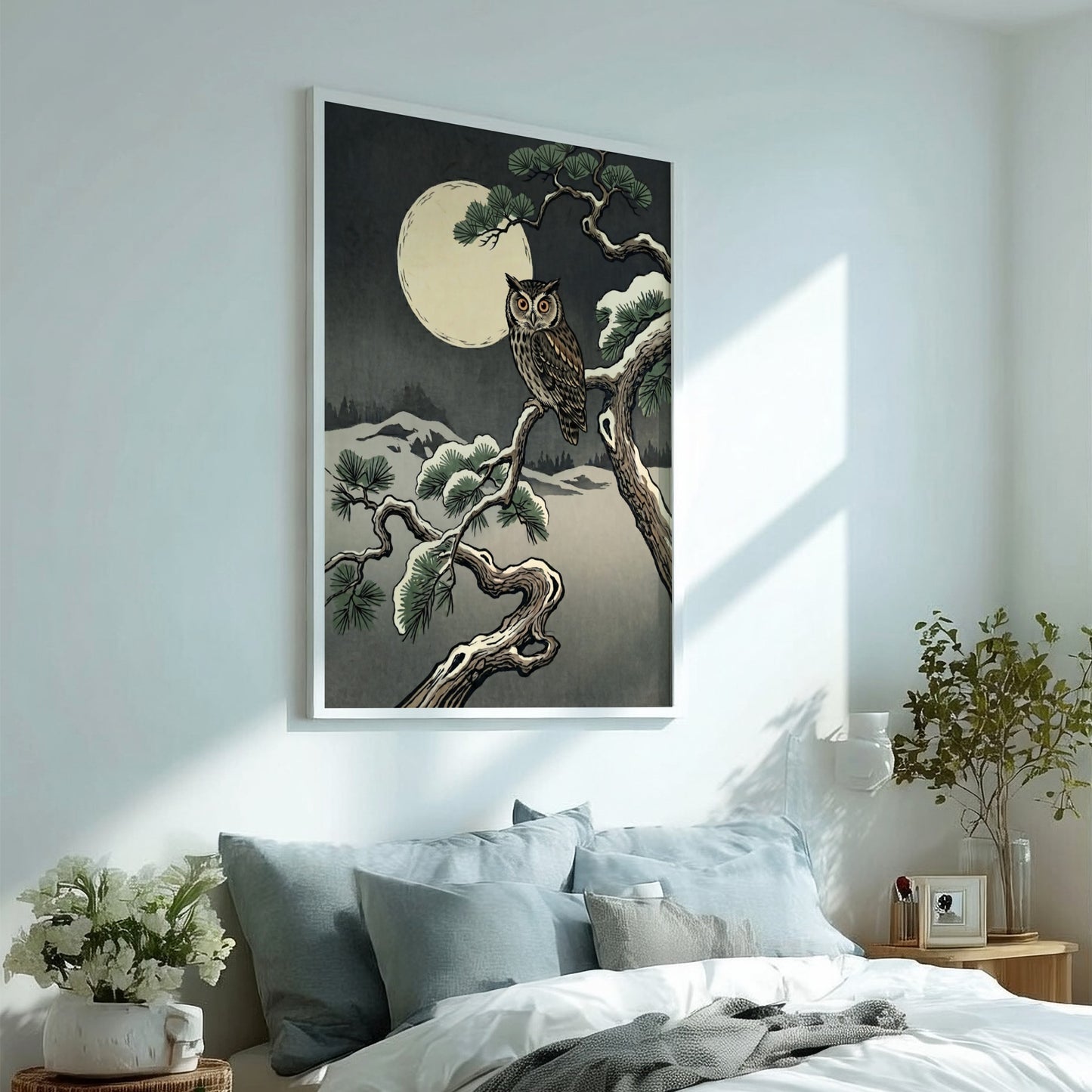 Owl Winter Moon poster featuring an owl in Japanese art style with muted colors and a full moon