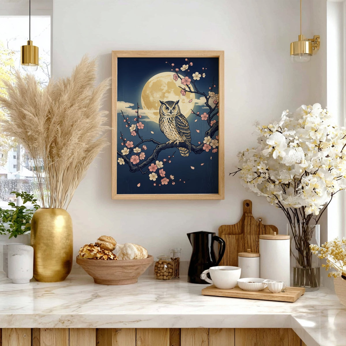 Owl perched on a plum blossom branch against a large full moon night sky