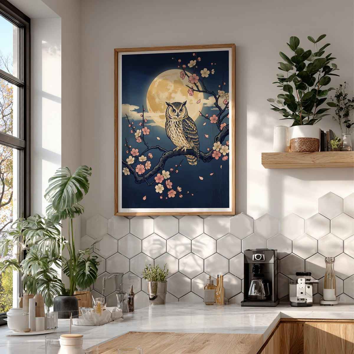 Owl perched on a plum blossom branch against a large full moon night sky