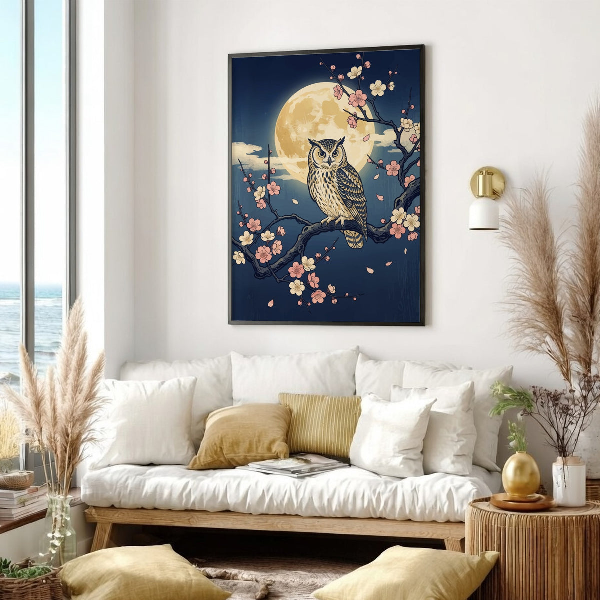 Owl perched on a plum blossom branch against a large full moon night sky