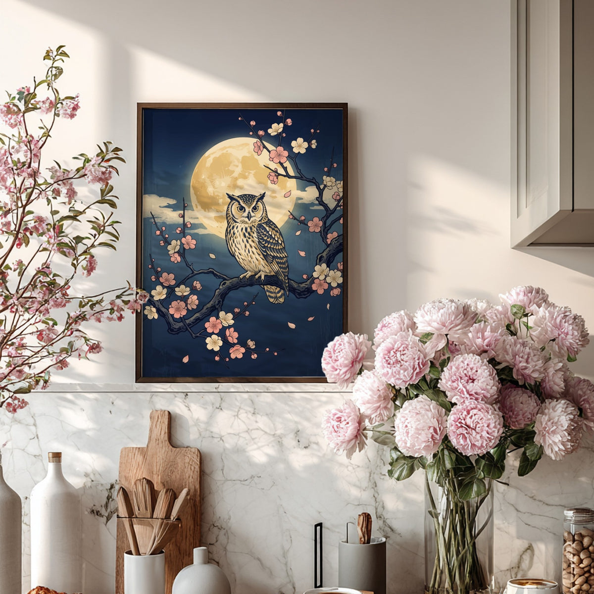 Owl perched on a plum blossom branch against a large full moon night sky