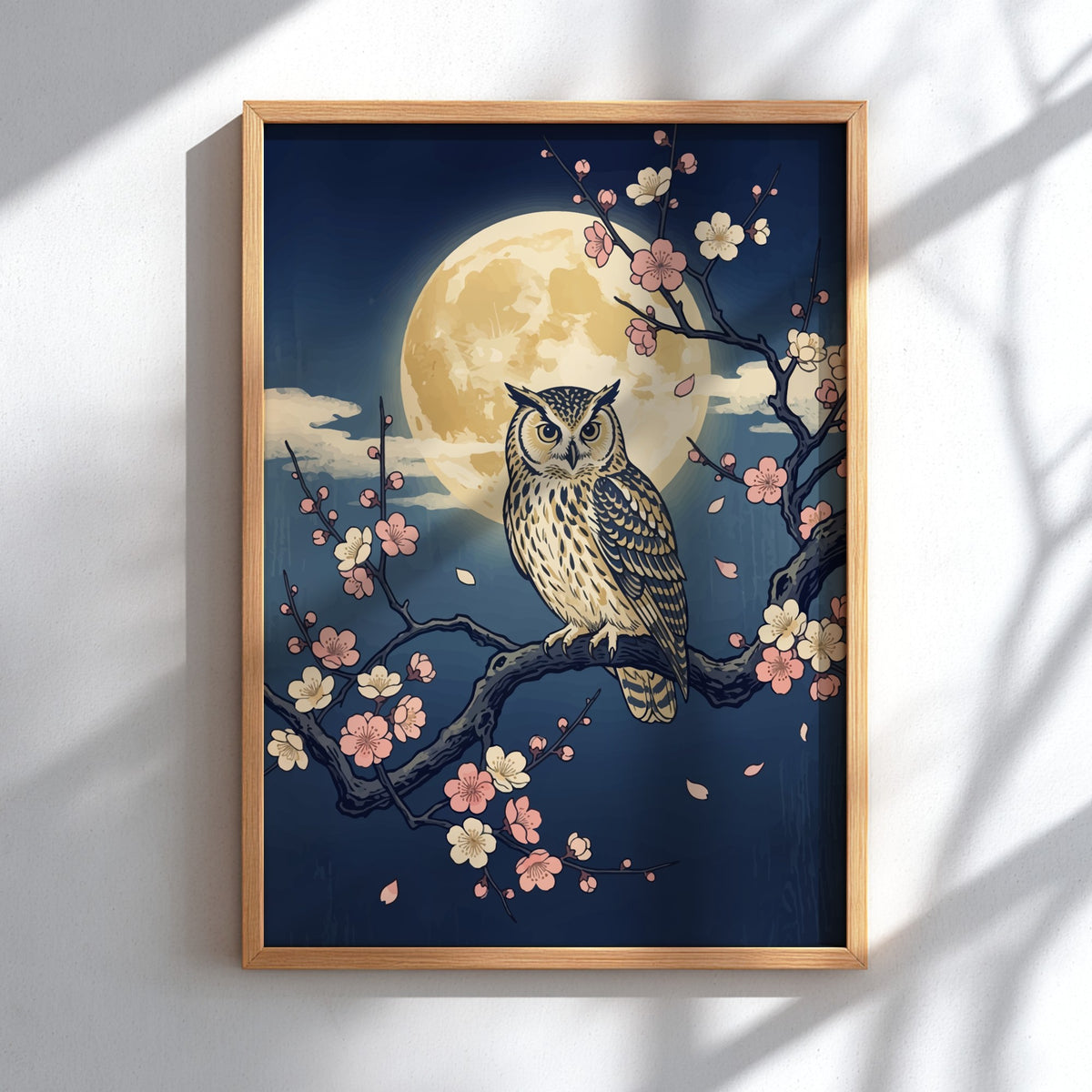 Owl perched on a plum blossom branch against a large full moon night sky