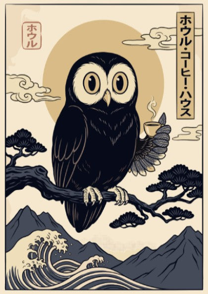 Poster featuring a black owl holding a coffee cup in Japanese woodblock style