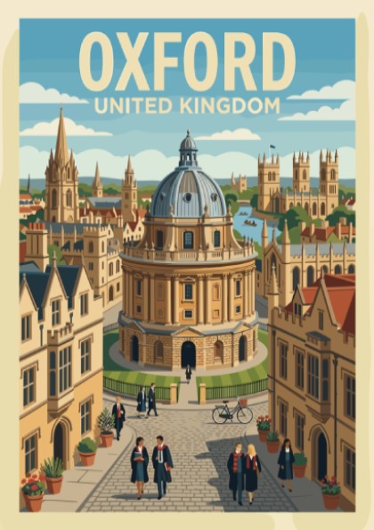 Poster featuring the Radcliffe Camera in Oxford United Kingdom with students walking nearby