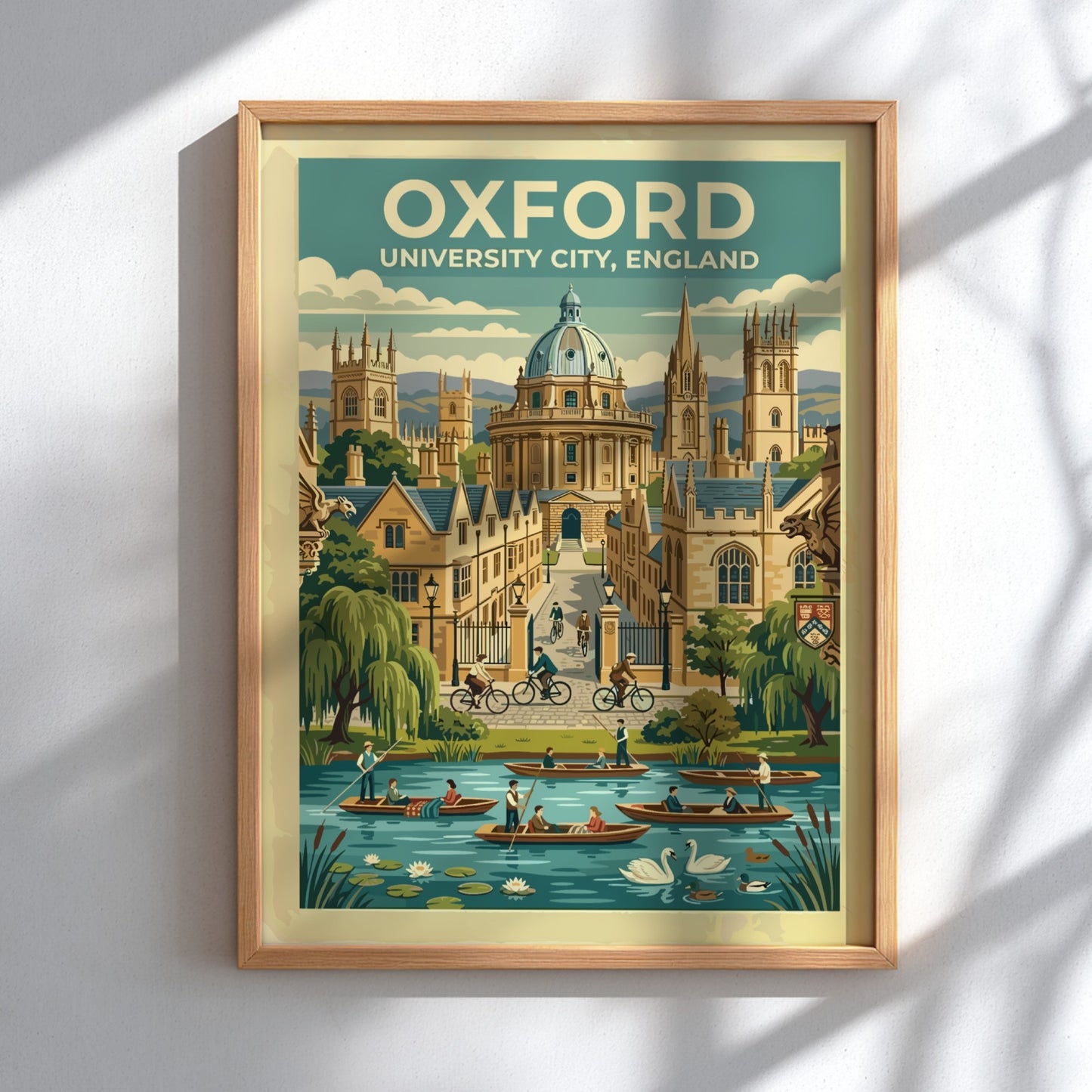 Travel poster of Oxford University City featuring stone buildings, cyclists, and river boats.