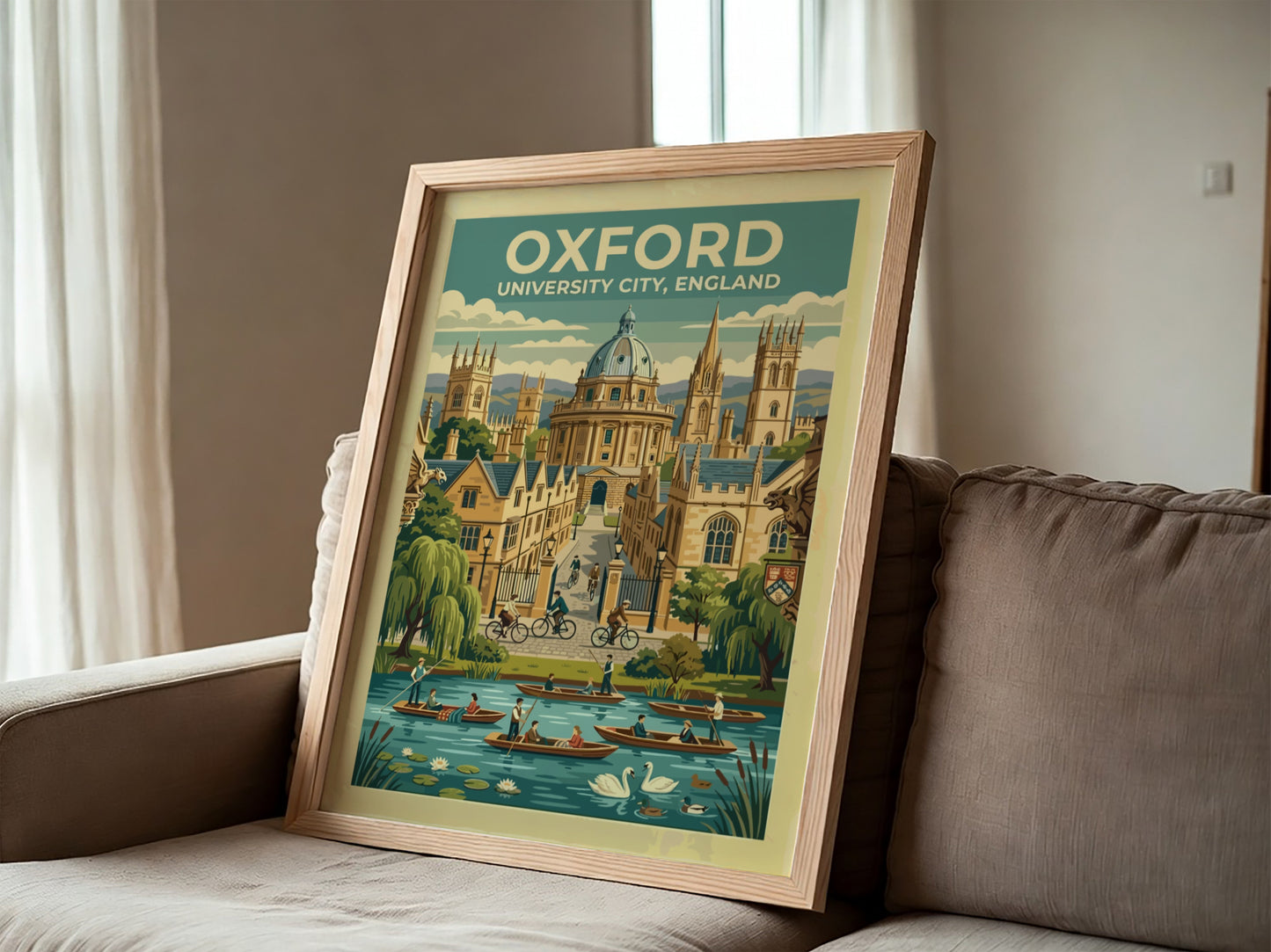 Travel poster of Oxford University City featuring stone buildings, cyclists, and river boats.