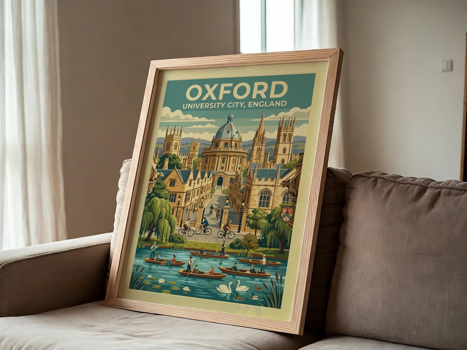 Travel poster of Oxford University City featuring stone buildings, cyclists, and river boats.