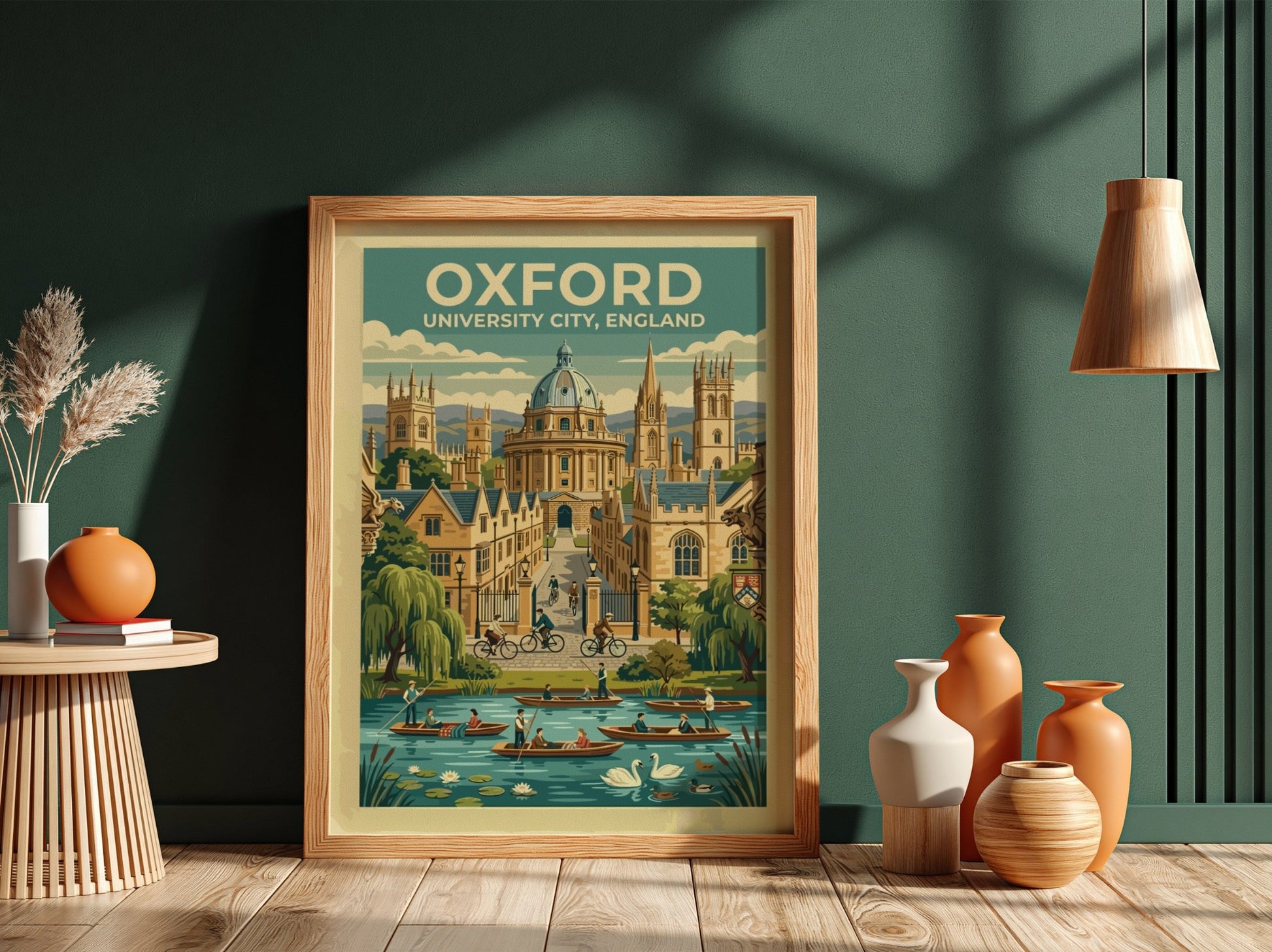 Travel poster of Oxford University City featuring stone buildings, cyclists, and river boats.