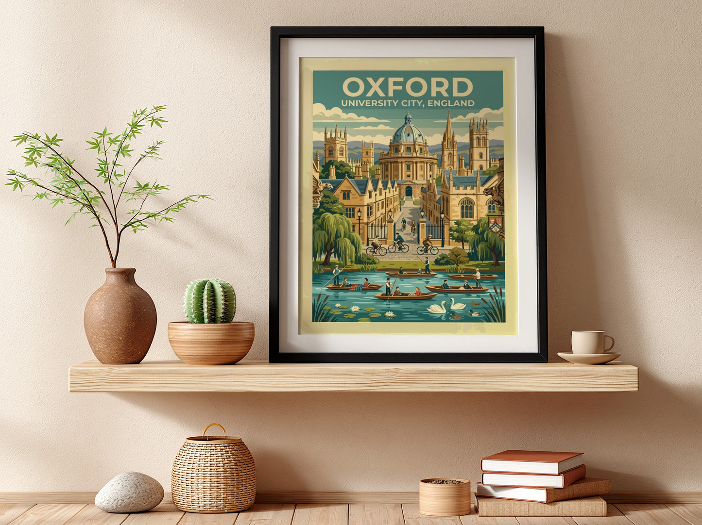 Travel poster of Oxford University City featuring stone buildings, cyclists, and river boats.