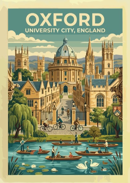 Travel poster of Oxford University City featuring stone buildings, cyclists, and river boats.
