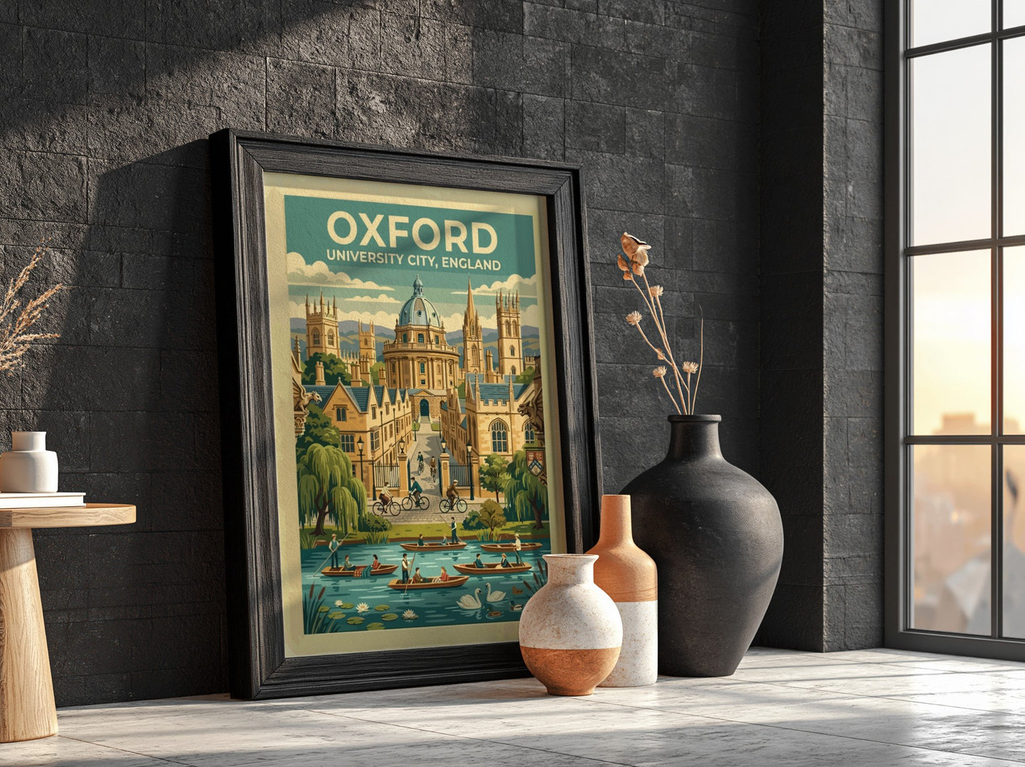 Travel poster of Oxford University City featuring stone buildings, cyclists, and river boats.