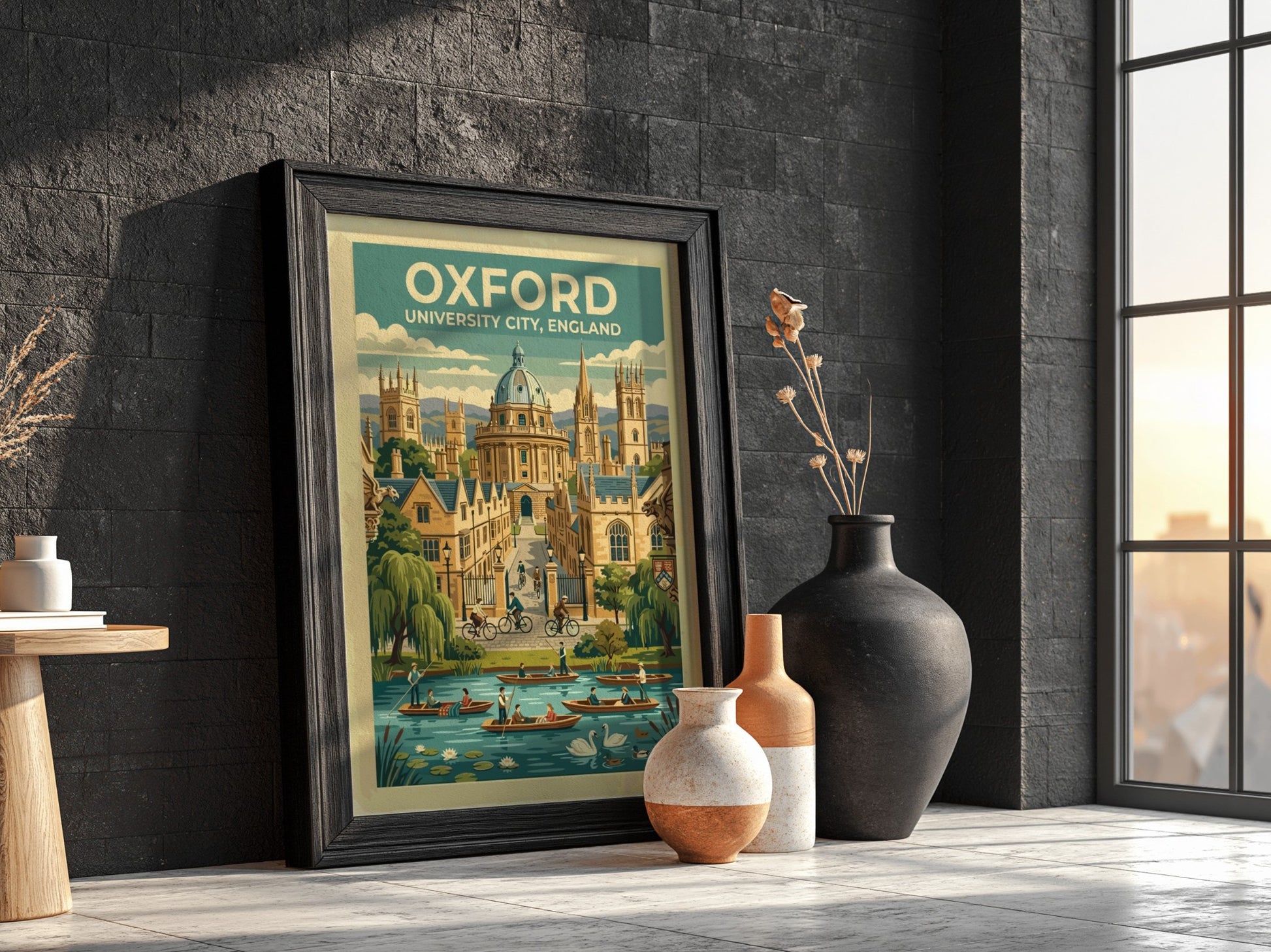 Travel poster of Oxford University City featuring stone buildings, cyclists, and river boats.