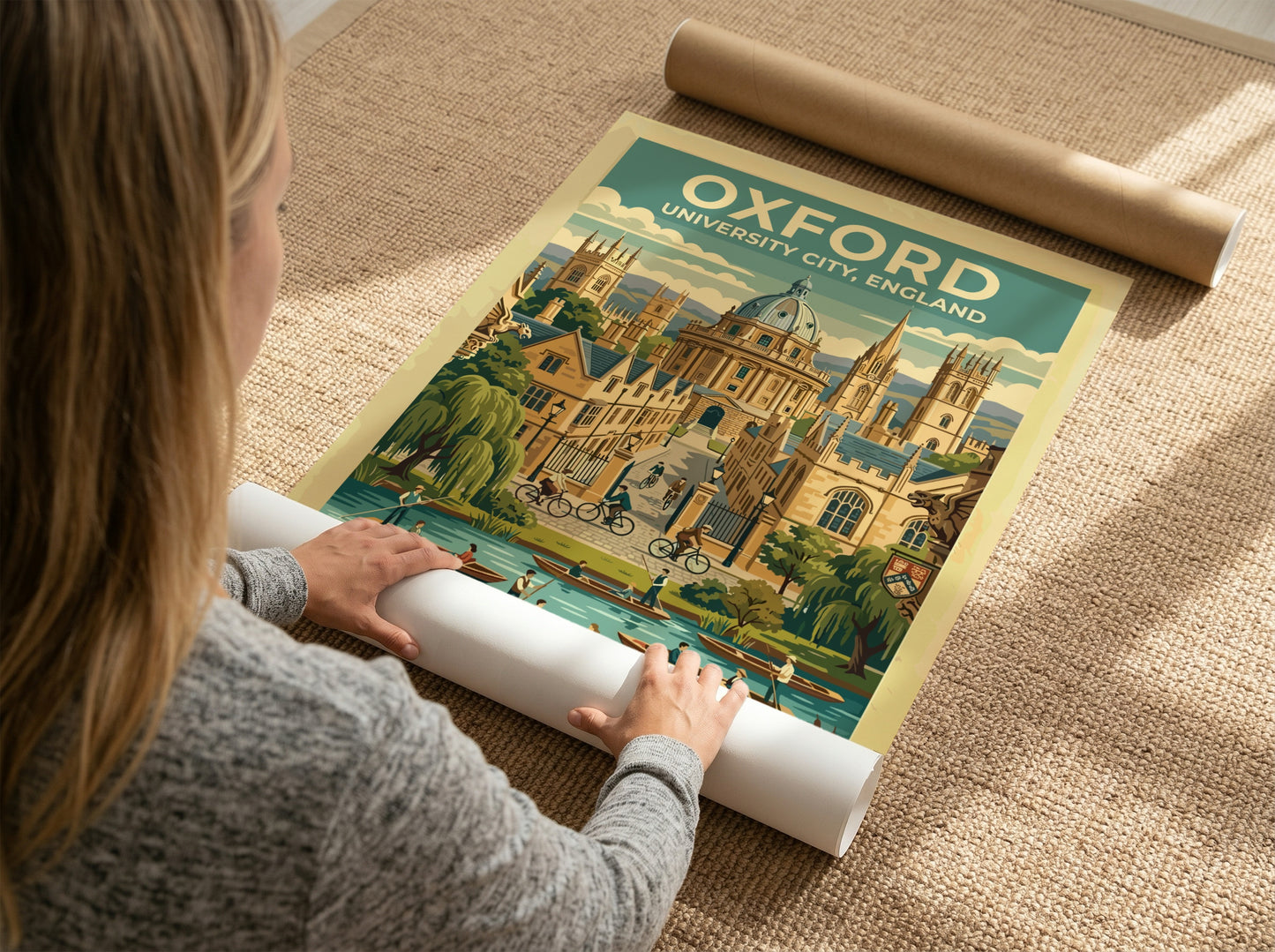 Travel poster of Oxford University City featuring stone buildings, cyclists, and river boats.