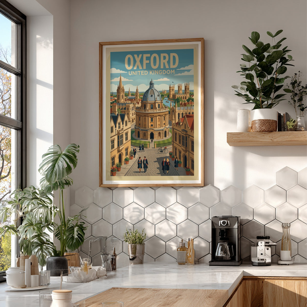 Poster featuring the Radcliffe Camera in Oxford United Kingdom with students walking nearby