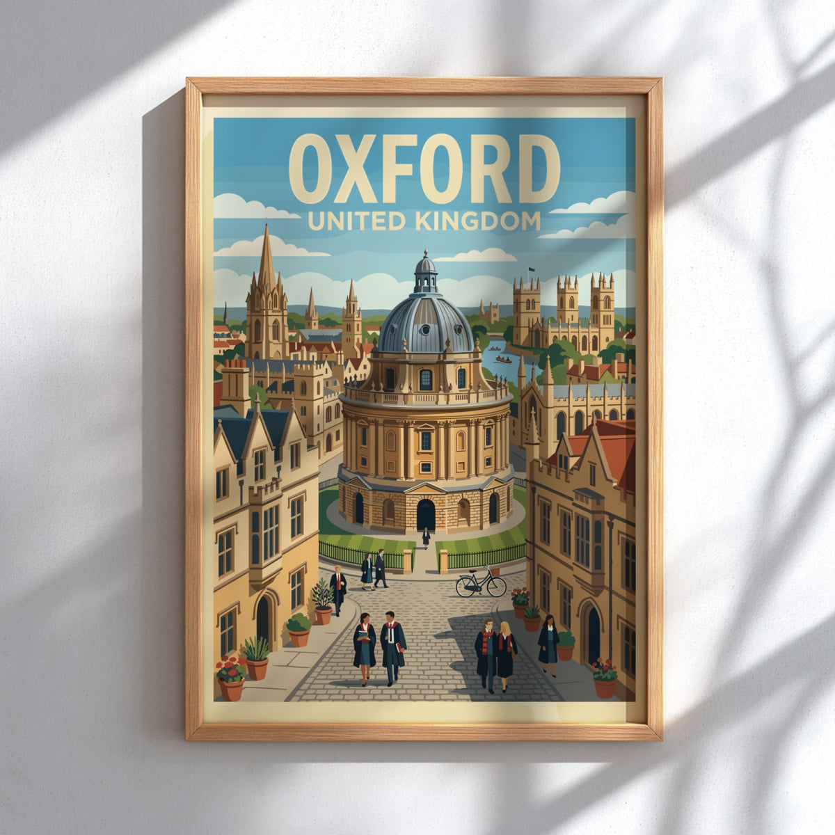 Poster featuring the Radcliffe Camera in Oxford United Kingdom with students walking nearby