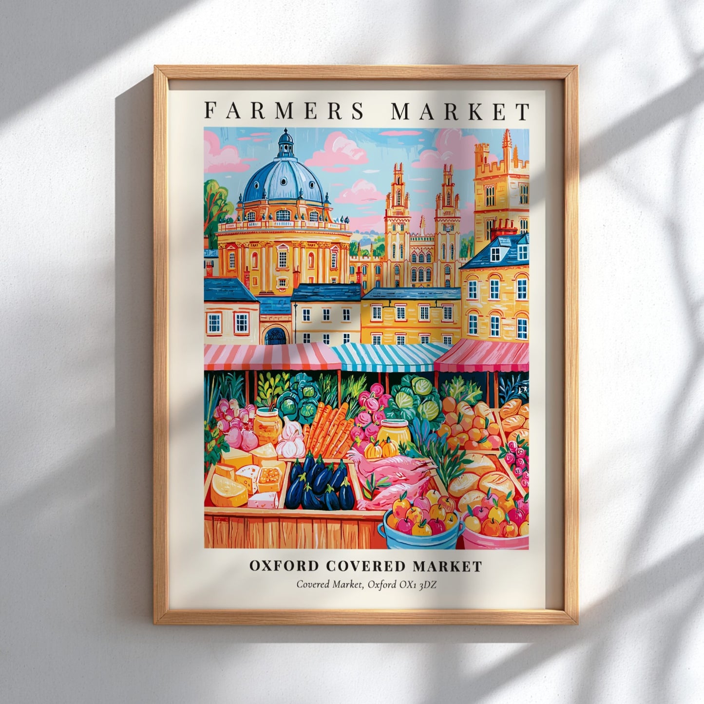 Oxford Covered Market poster featuring colorful produce and market stalls in a vibrant style