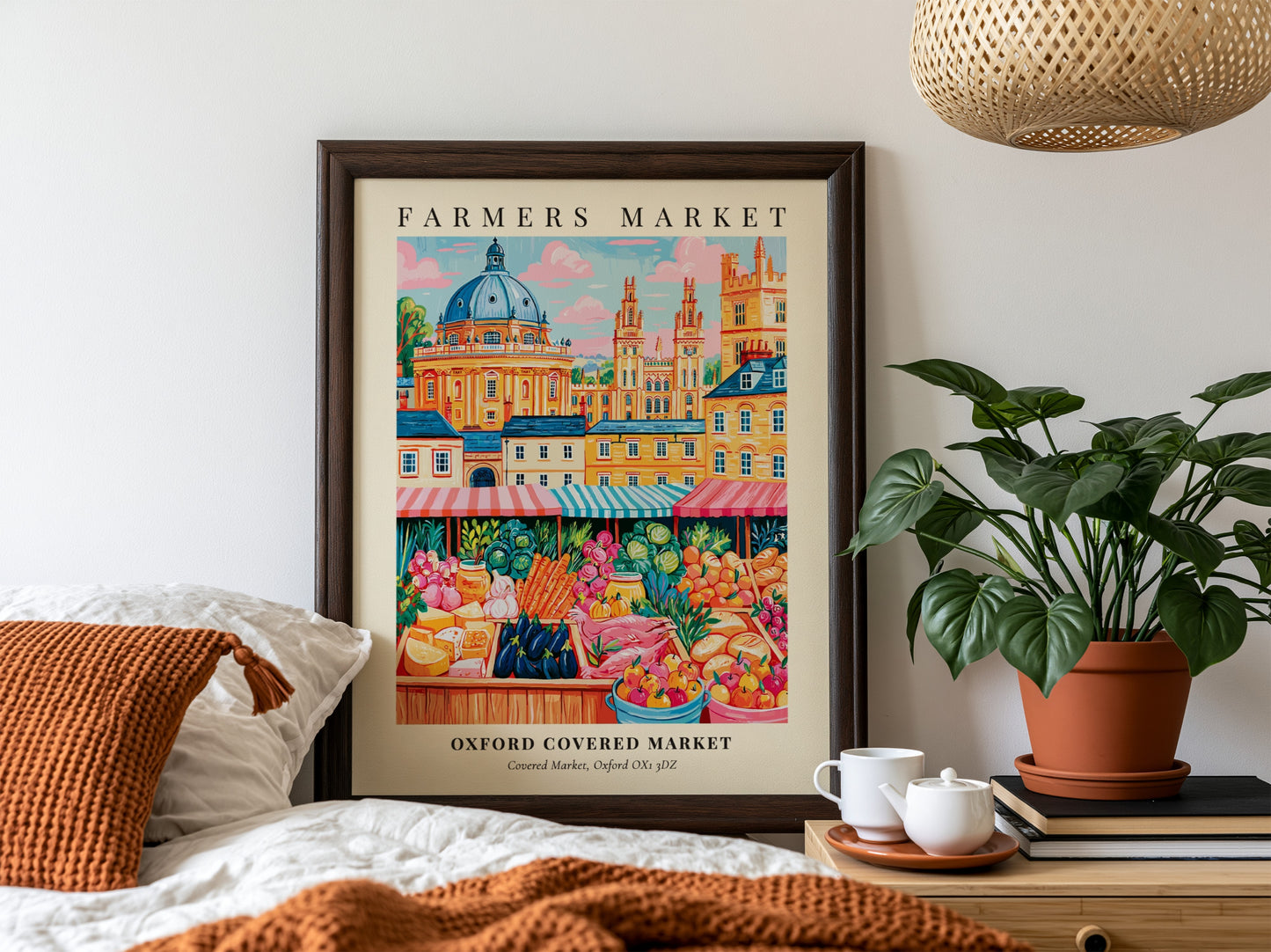 Oxford Covered Market poster featuring colorful produce and market stalls in a vibrant style