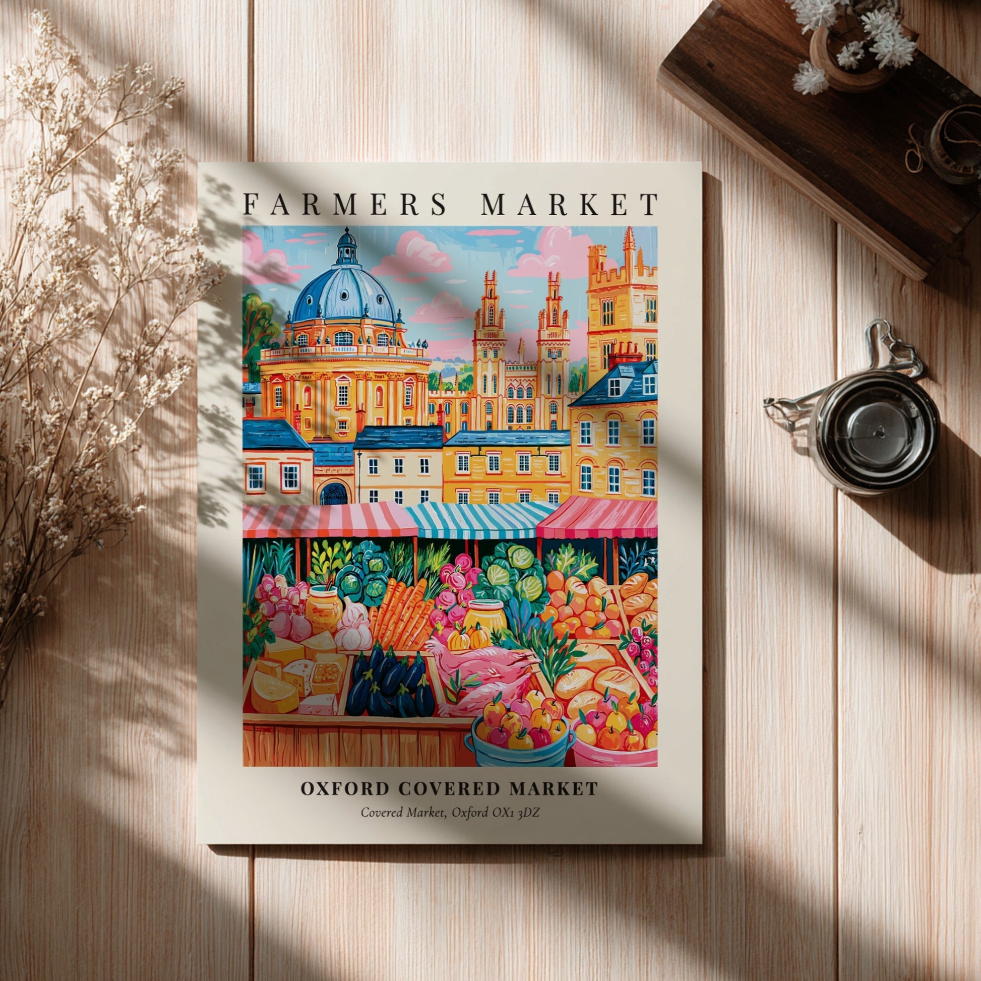 Oxford Covered Market poster featuring colorful produce and market stalls in a vibrant style