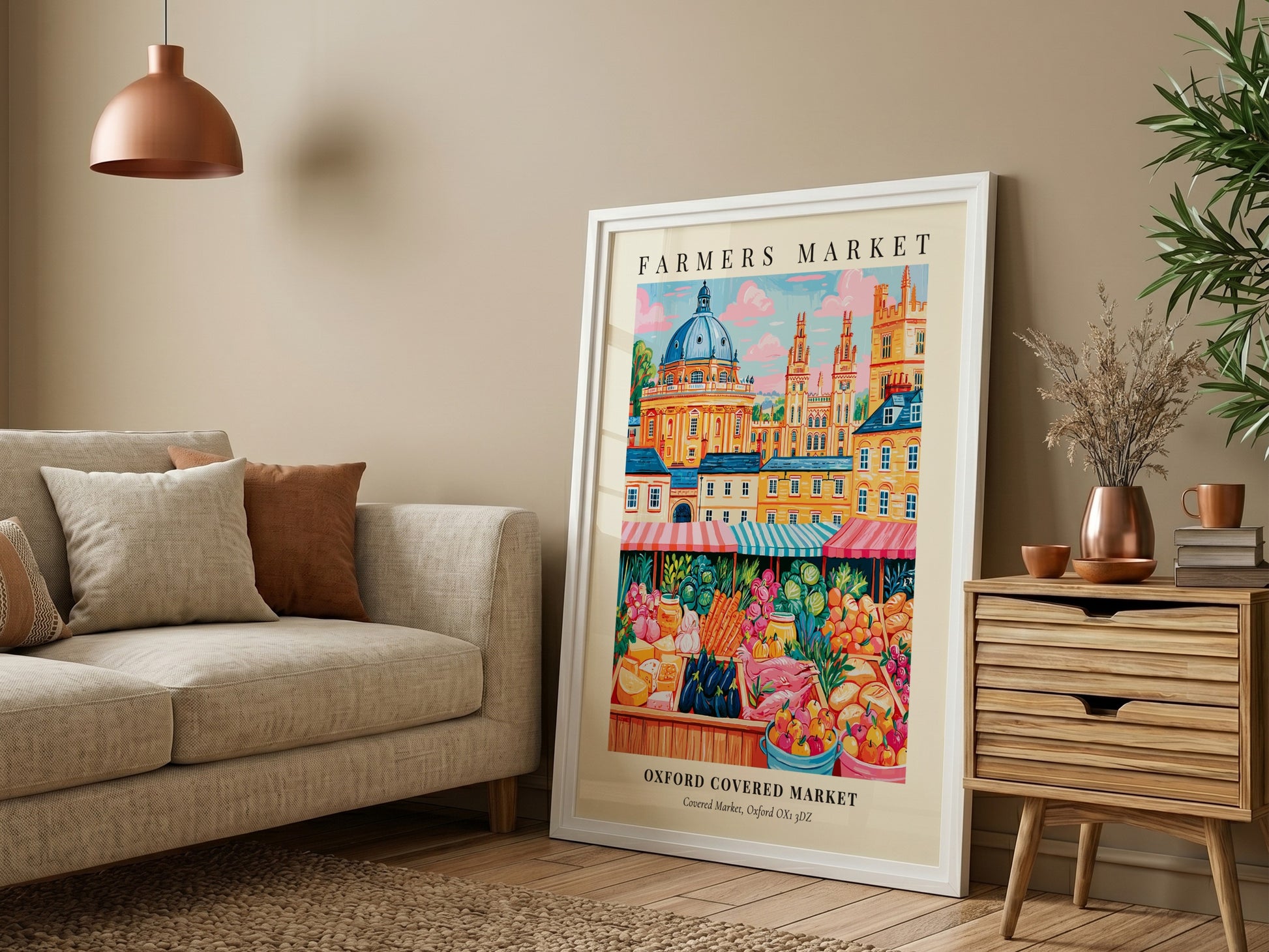 Oxford Covered Market poster featuring colorful produce and market stalls in a vibrant style