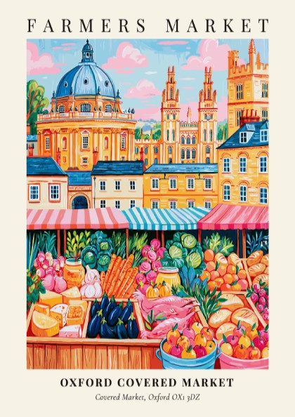 Oxford Covered Market poster featuring colorful produce and market stalls in a vibrant style