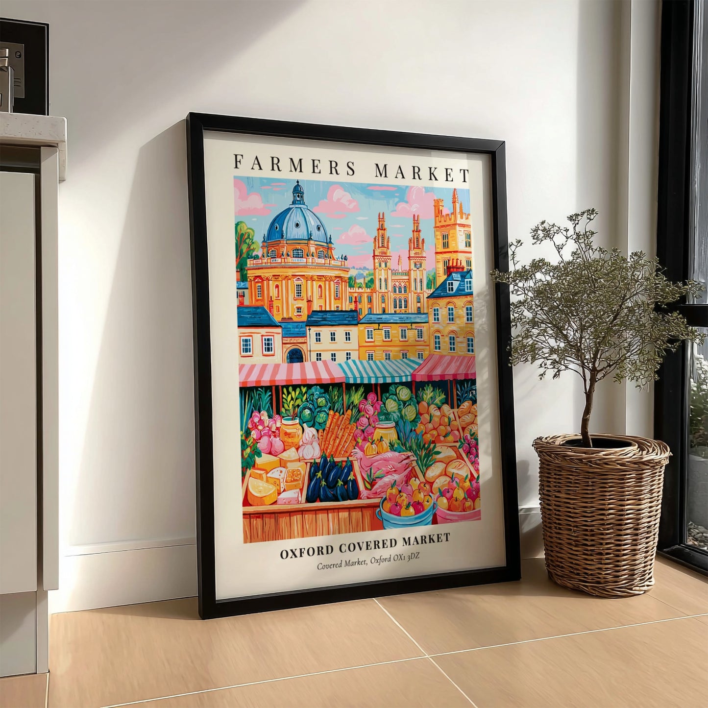 Oxford Covered Market poster featuring colorful produce and market stalls in a vibrant style