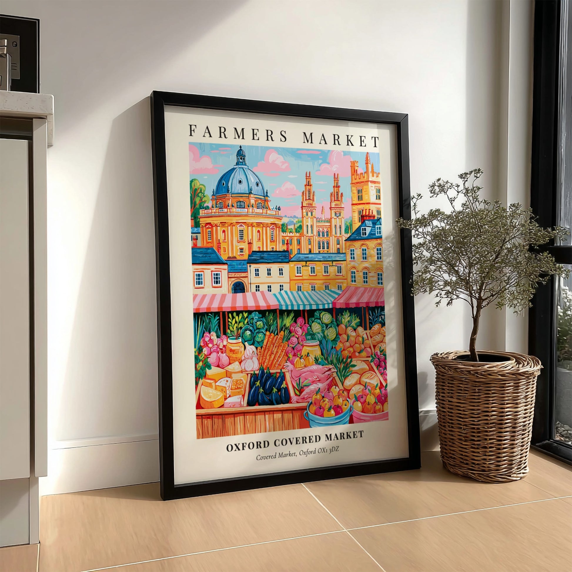 Oxford Covered Market poster featuring colorful produce and market stalls in a vibrant style