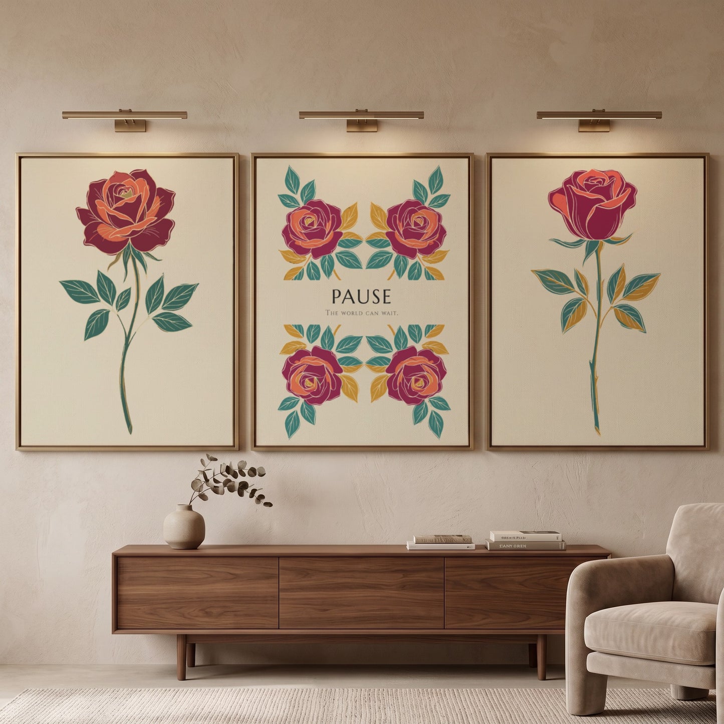 Poster triptych featuring rose illustrations and the word Pause on a cream background.