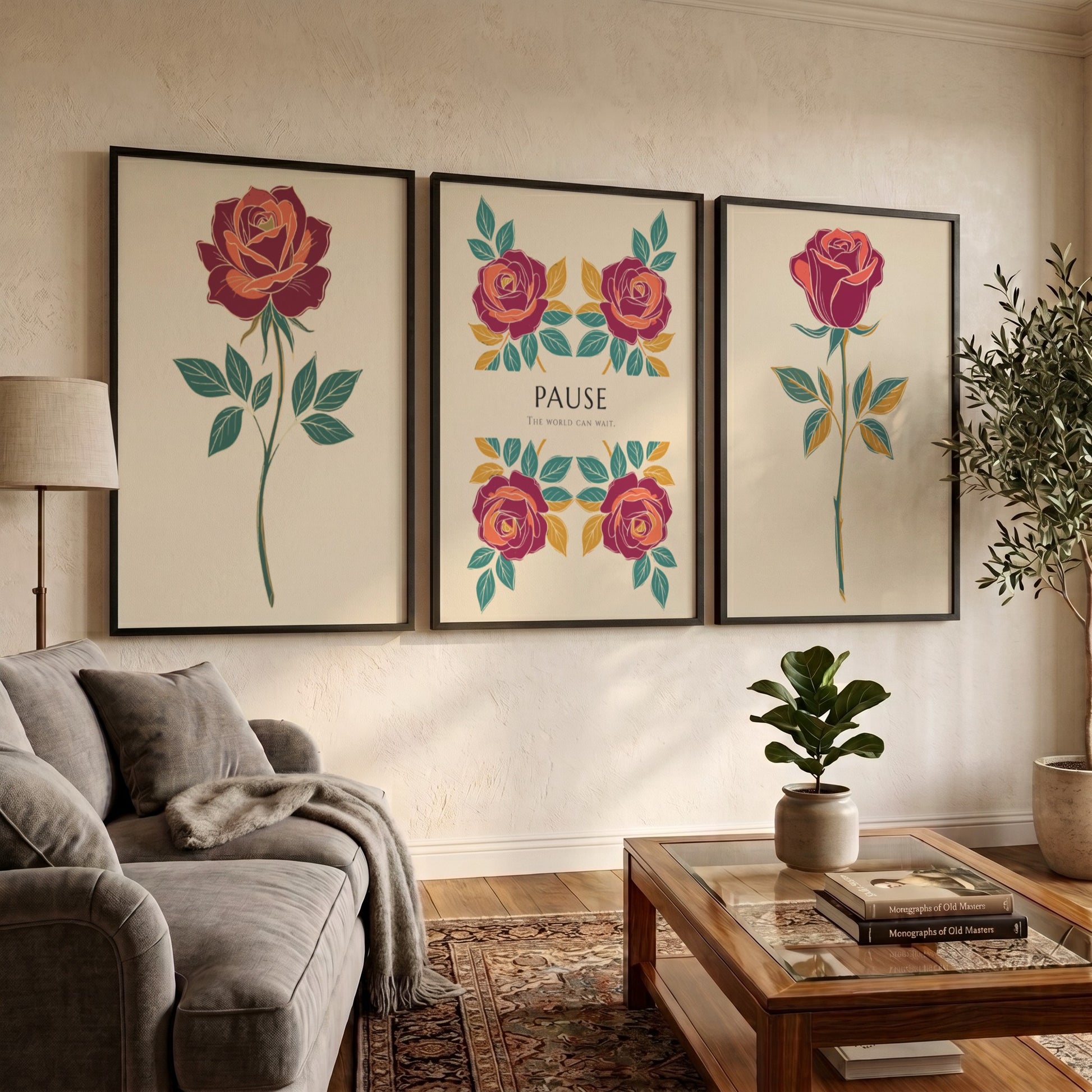 Poster triptych featuring rose illustrations and the word Pause on a cream background.