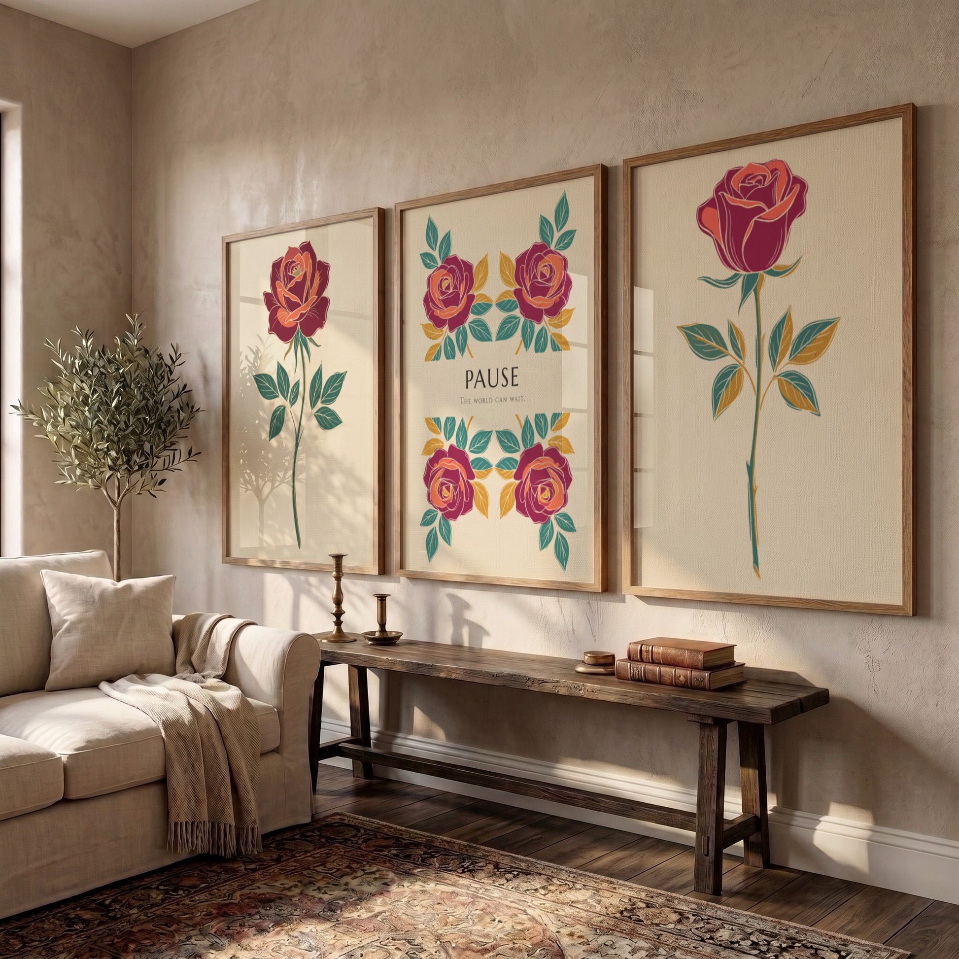 Poster triptych featuring rose illustrations and the word Pause on a cream background.