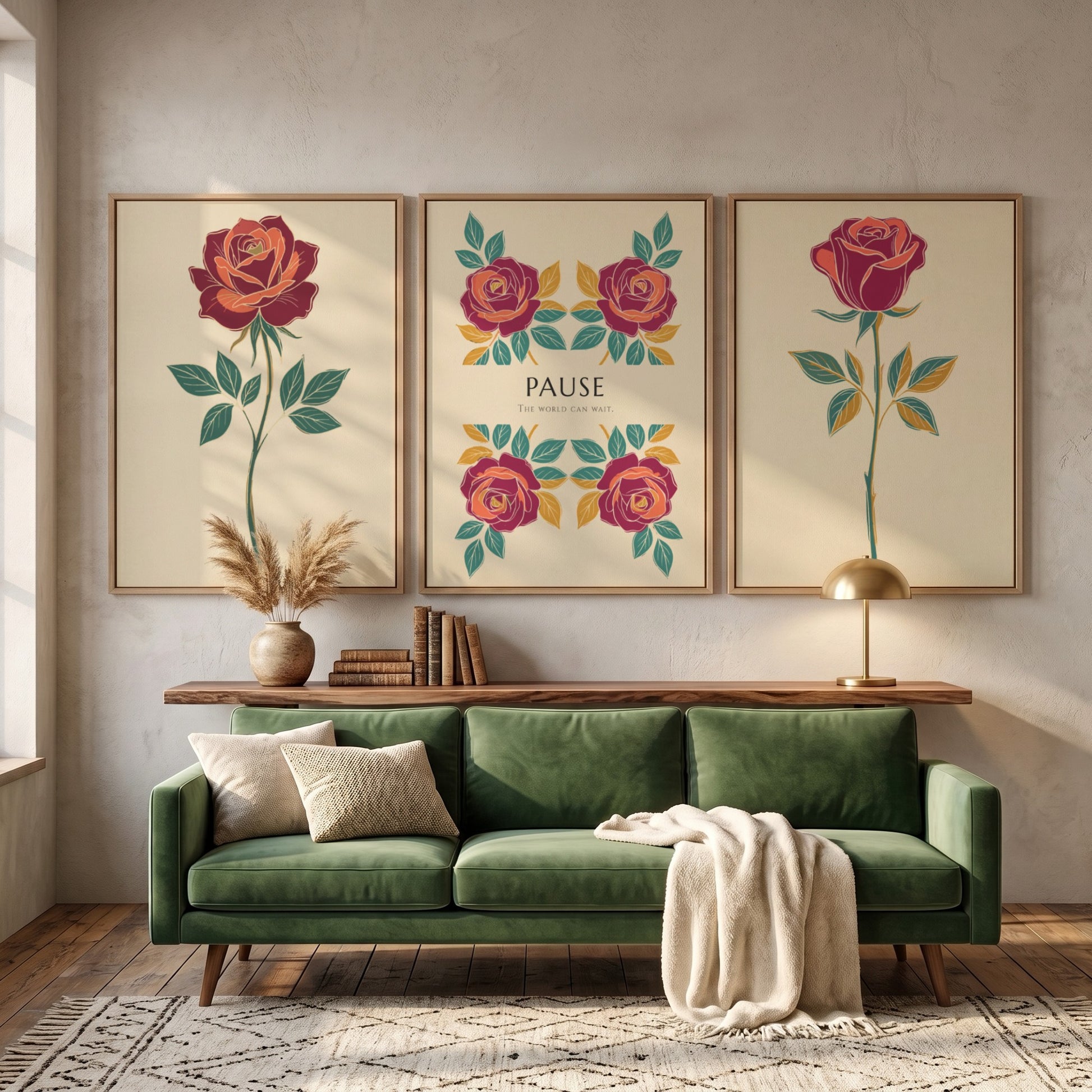Poster triptych featuring rose illustrations and the word Pause on a cream background.