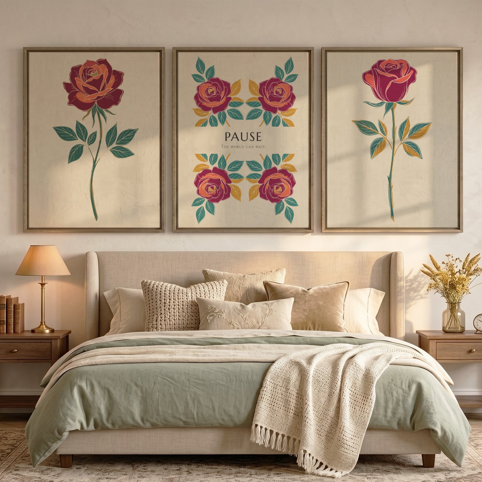Poster triptych featuring rose illustrations and the word Pause on a cream background.