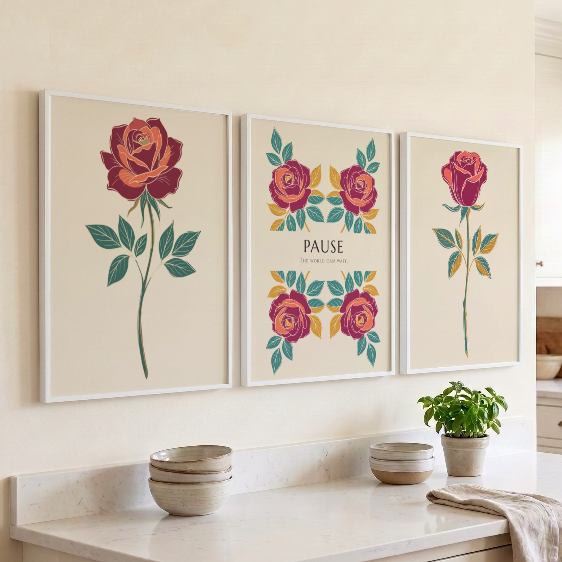Poster triptych featuring rose illustrations and the word Pause on a cream background.