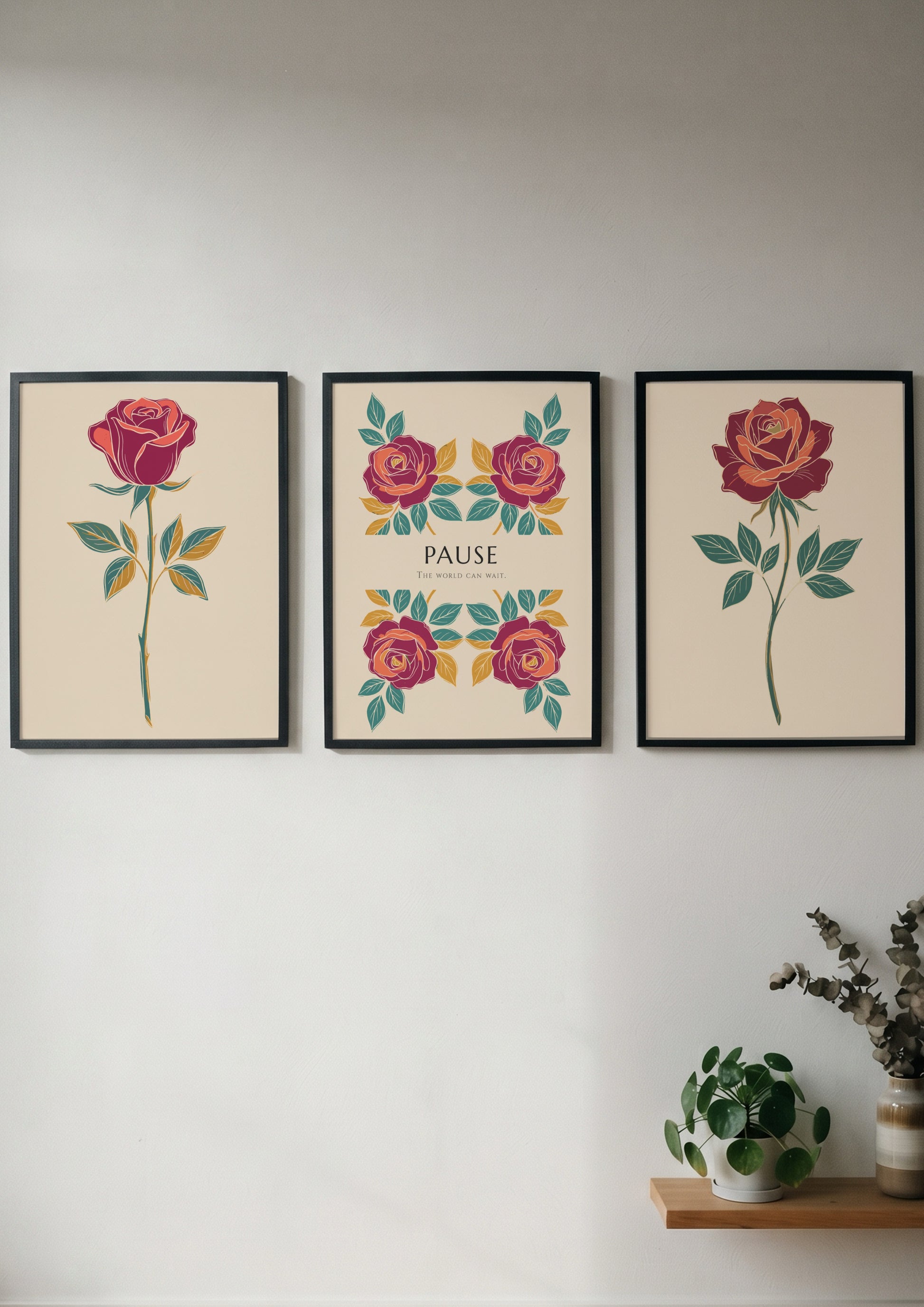 Poster triptych featuring rose illustrations and the word Pause on a cream background.
