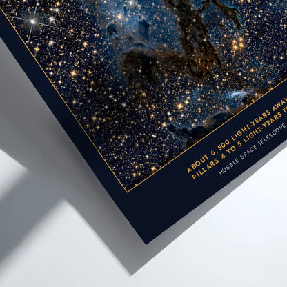 Poster of the Pillars of Creation in the Eagle Nebula with golden stars