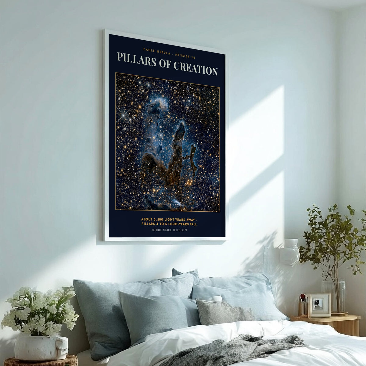 Poster of the Pillars of Creation in the Eagle Nebula with golden stars