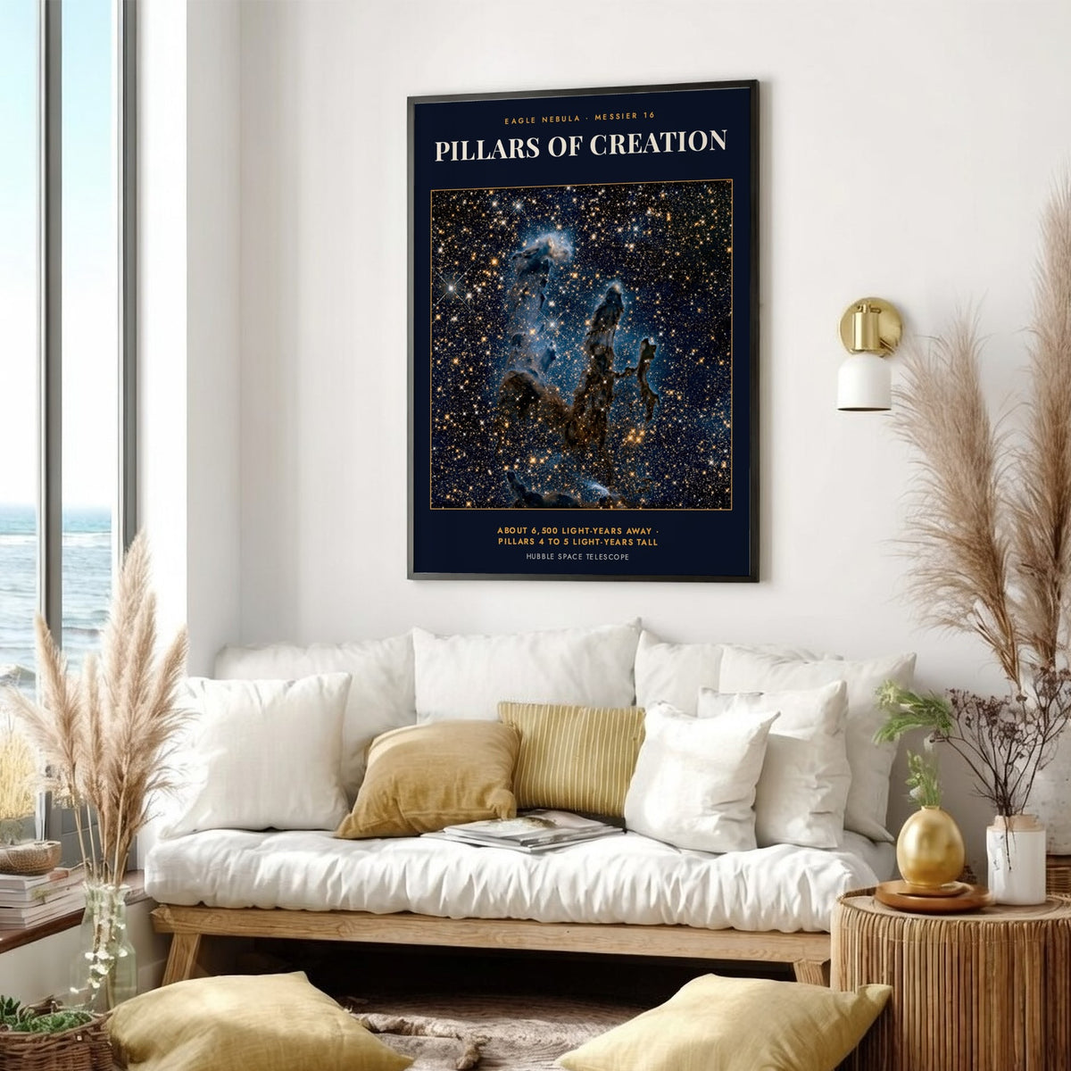 Poster of the Pillars of Creation in the Eagle Nebula with golden stars