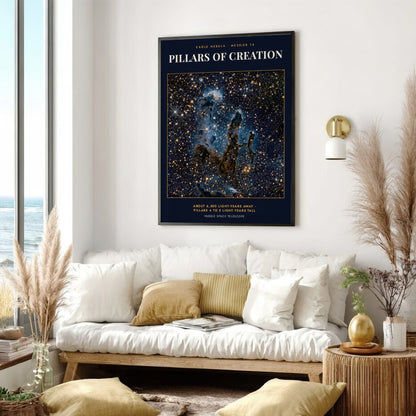 Poster of the Pillars of Creation in the Eagle Nebula with golden stars