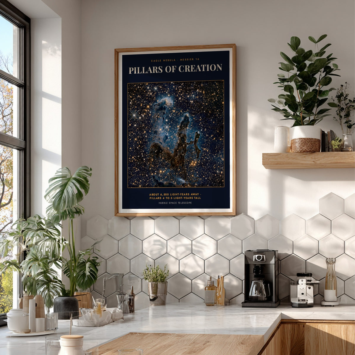 Poster of the Pillars of Creation in the Eagle Nebula with golden stars