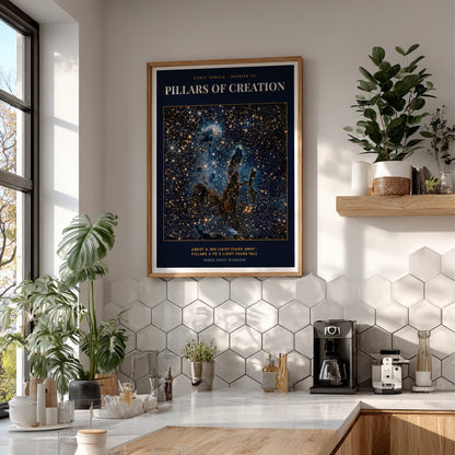 Poster of the Pillars of Creation in the Eagle Nebula with golden stars