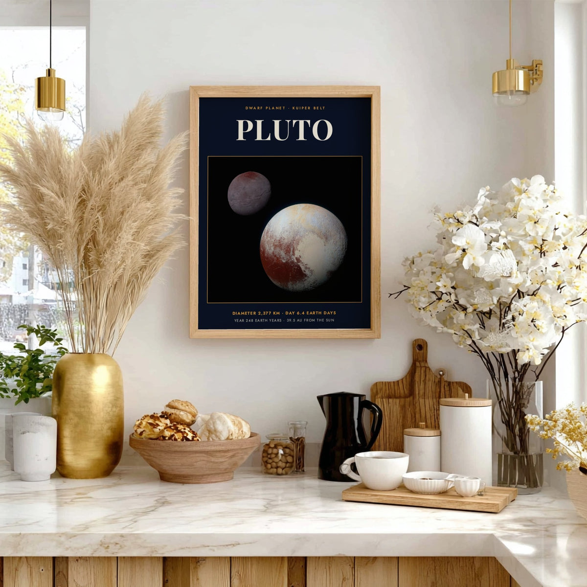 Poster featuring the dwarf planet Pluto against a black background with educational space text.