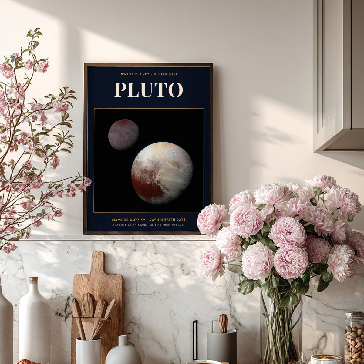 Poster featuring the dwarf planet Pluto against a black background with educational space text.