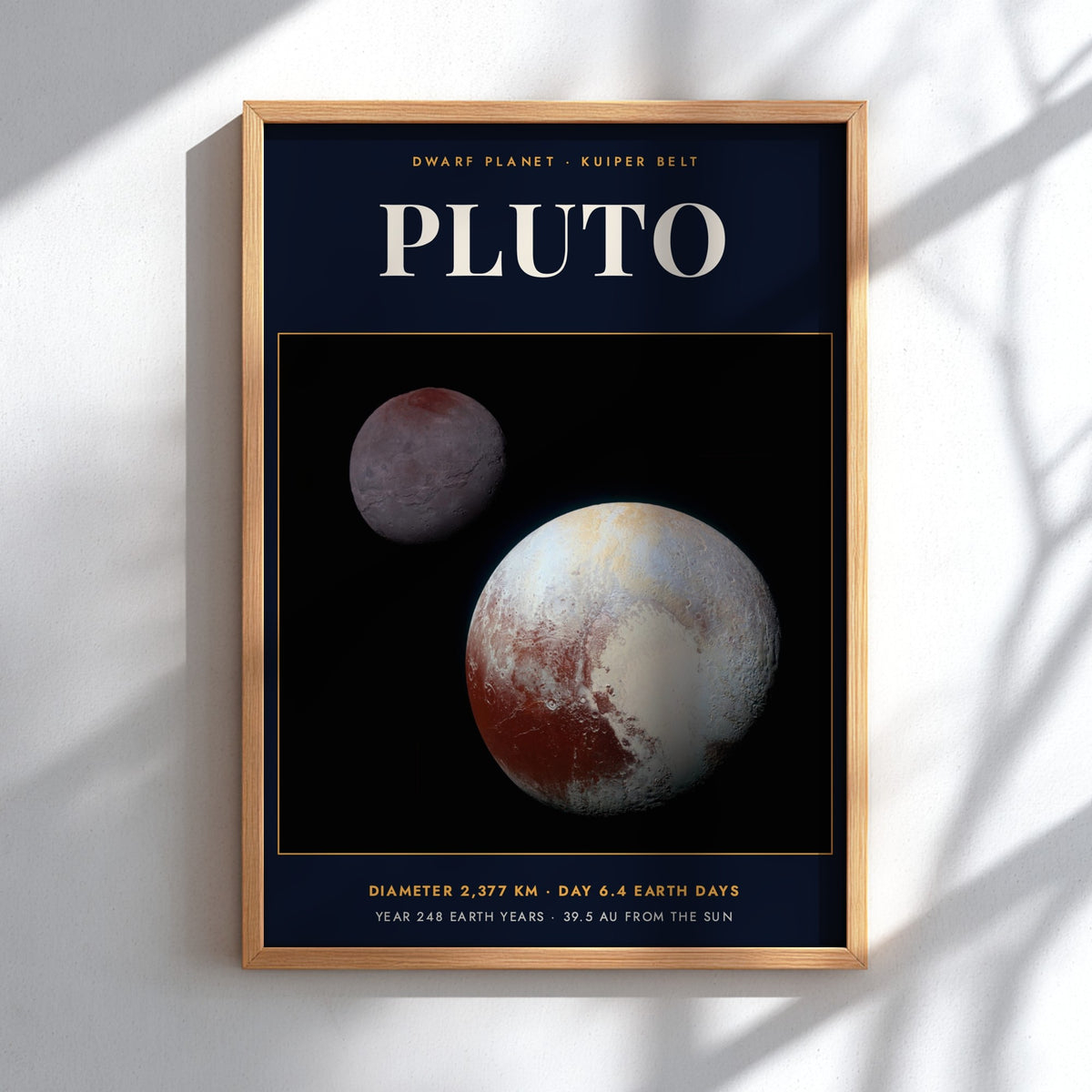 Poster featuring the dwarf planet Pluto against a black background with educational space text.