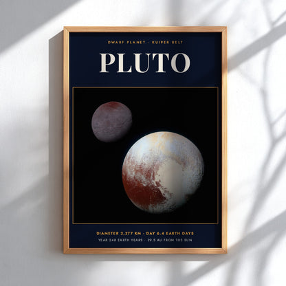 Poster featuring the dwarf planet Pluto against a black background with educational space text.