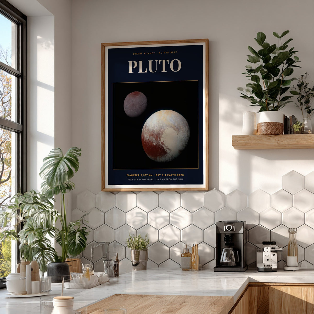 Poster featuring the dwarf planet Pluto against a black background with educational space text.