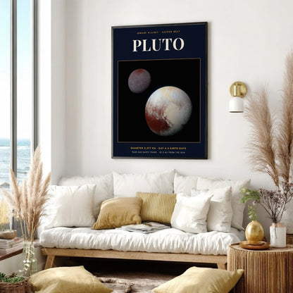 Poster featuring the dwarf planet Pluto against a black background with educational space text.