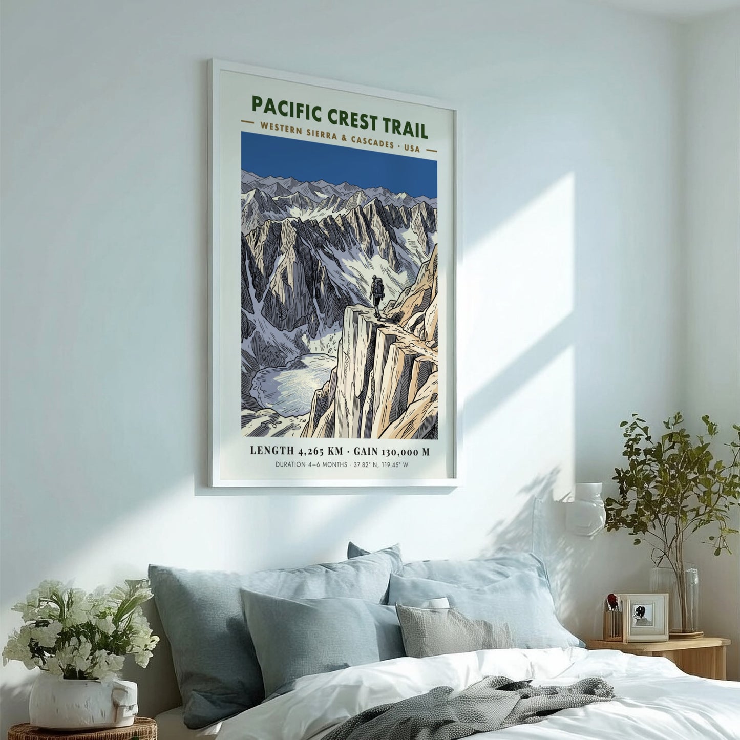 Poster featuring a hiker on a mountain ridge overlooking a glacial lake landscape