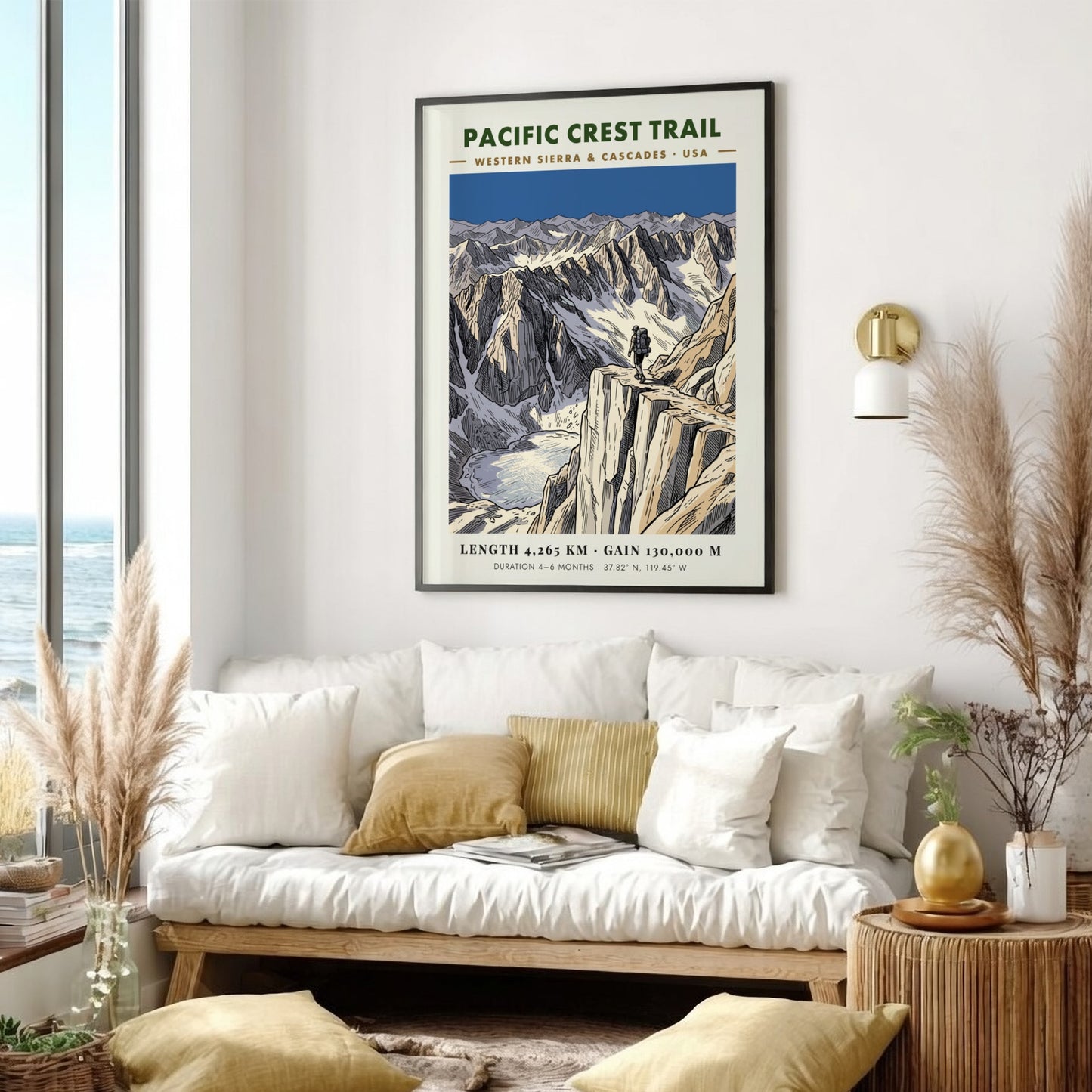 Poster featuring a hiker on a mountain ridge overlooking a glacial lake landscape