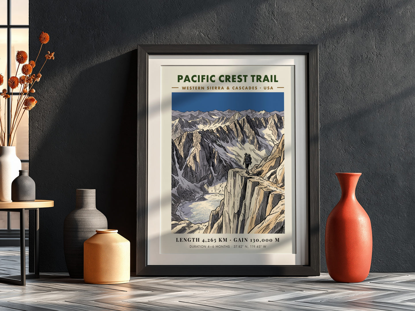 Poster featuring a hiker on a mountain ridge overlooking a glacial lake landscape