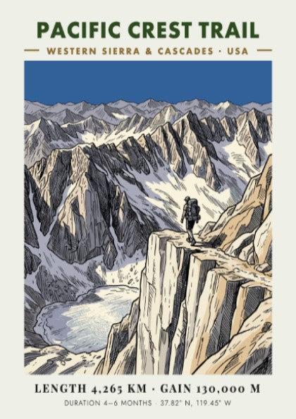 Poster featuring a hiker on a mountain ridge overlooking a glacial lake landscape
